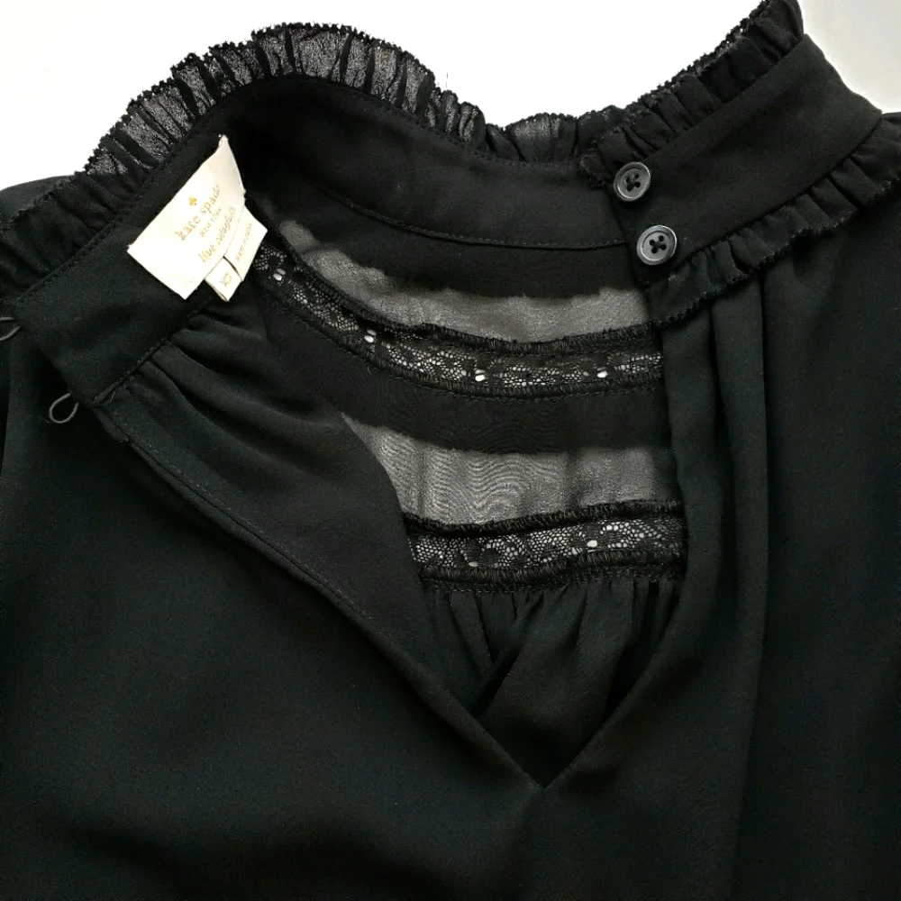 Nwot Kate Spade Black Longsleeve Highneck Ruffled Blouse